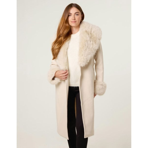 Blue Vanilla Wrap Front Faux Fur Collar & Cuff Coat