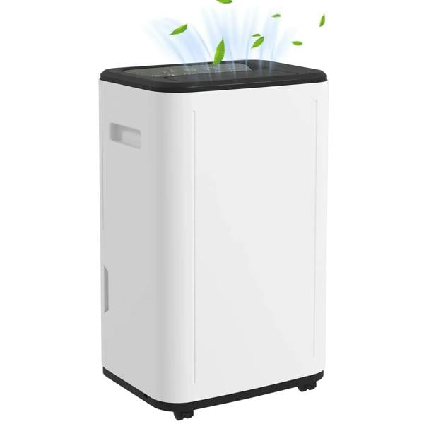 White portable dehumidifier with black top panel and side handle