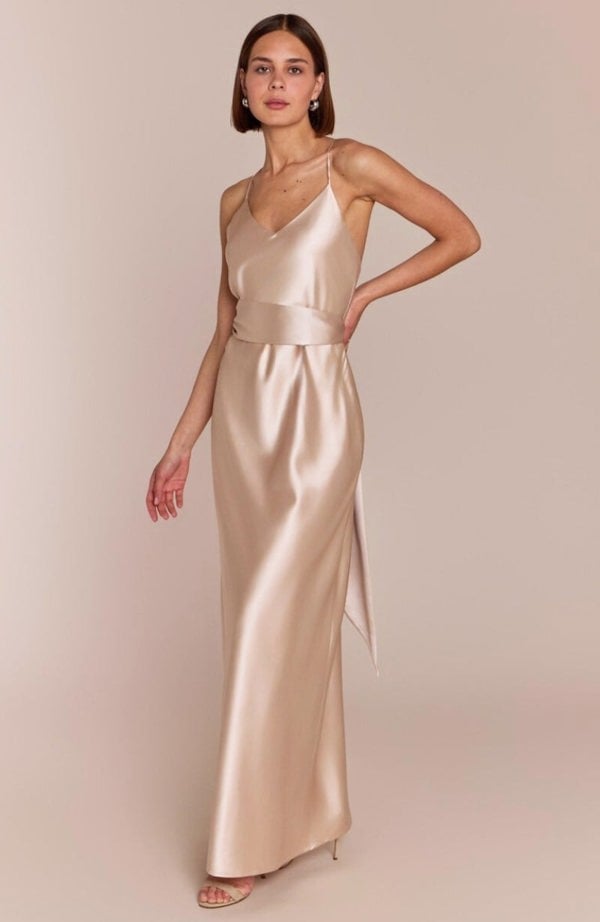 Rewritten London Brooklyn Dress in Champagne Satin
