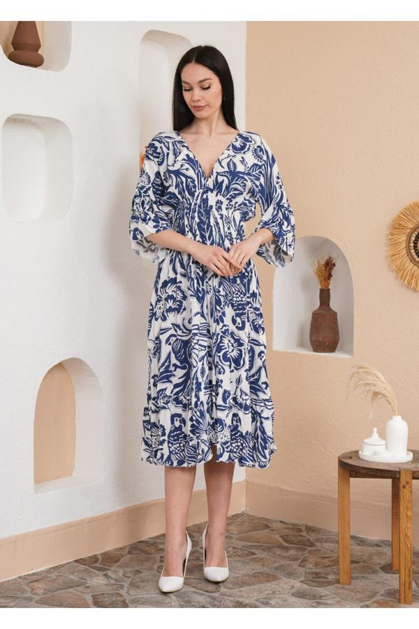 Hoxton Gal Oversized V Neck Shirred Waist Floral Print Midi Dress in Navy