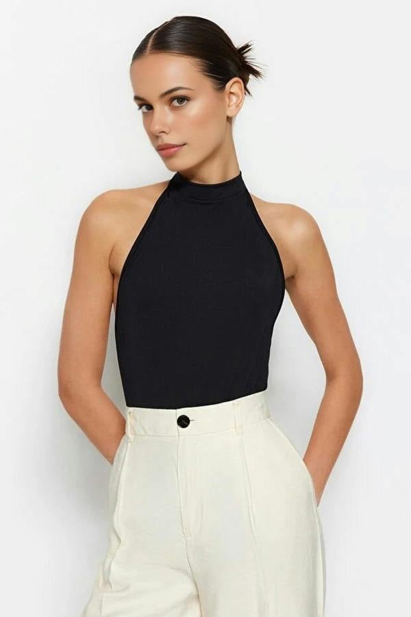 WOVCOR High Neck Backless Stretch Knitted Bodysuit
