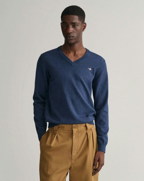 GANT Mens Classic Cotton V-Neck Jumper - 902 Dark Jeansblue Melange