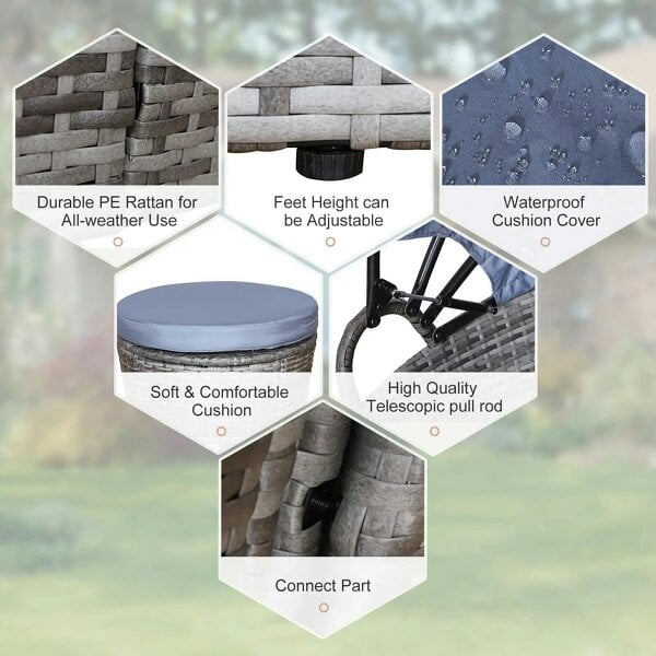 Bobobiy Outdoor PE Rattan Garden Furniture with Cushioned, Patio Wicker Conversation Furniture Set, Coffee Table and Three Pillows, Grey/Blue Grey