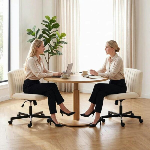Imitation Linen Criss Cross Legged Desk Chair, Armless Office Chair with Wheels, Green