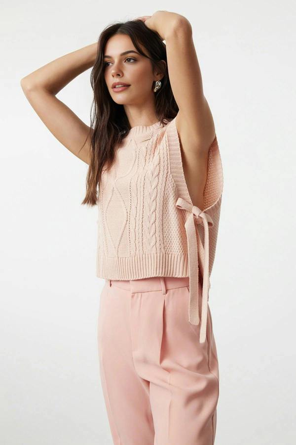 WOVCOR Crop Knit Sweater with Side Ribbon Tie Detail