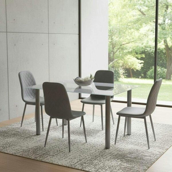 Kosy Koala Grey Glass Dining Table Set With 4 Grey Faux Leather Chairs Kitchen Dining Room Furniture
