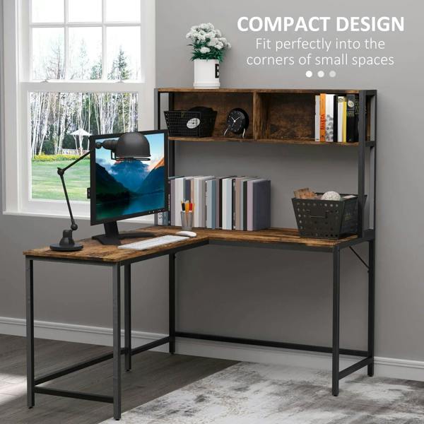 L-shaped corner desk with brown wood top, steel frame, and open side bookshelf