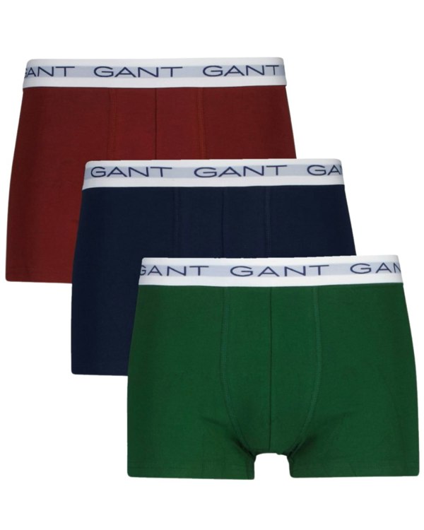 GANT 3-Pack White Waistband Boxer Trunks, Navy/Green/Burgundy