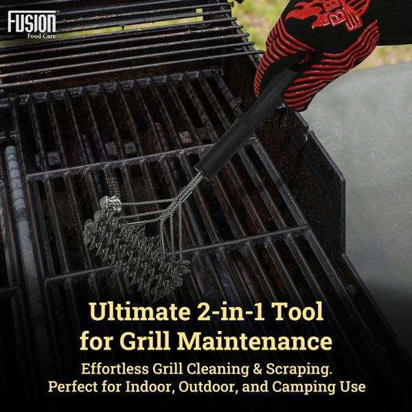 Fusion Food Care Fusion Food Wire Brush With Ergonomic Handle - Stainless Steel Helix Grill Cleaner with Scraper Bar & Ergonomic Handle
