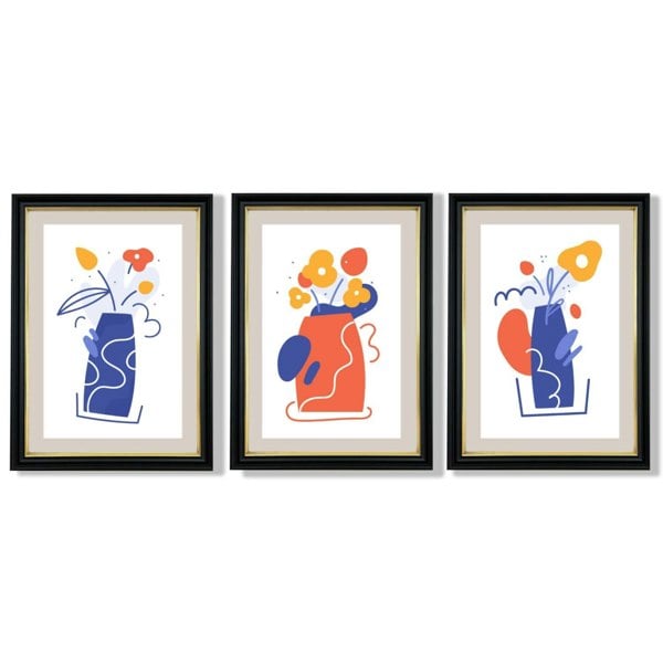Boho Minimal Floral Blue Orange Set of 3 Framed Art Prints with Vermeer Black and Gold Frames