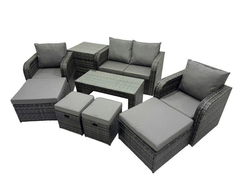Fimous 3 Seater Sofa Reclining Chair Coffee Table Set Rattan Garden Outdoor Furniture Set with 2 Side Tables 4 Stool Dark Grey Mixed