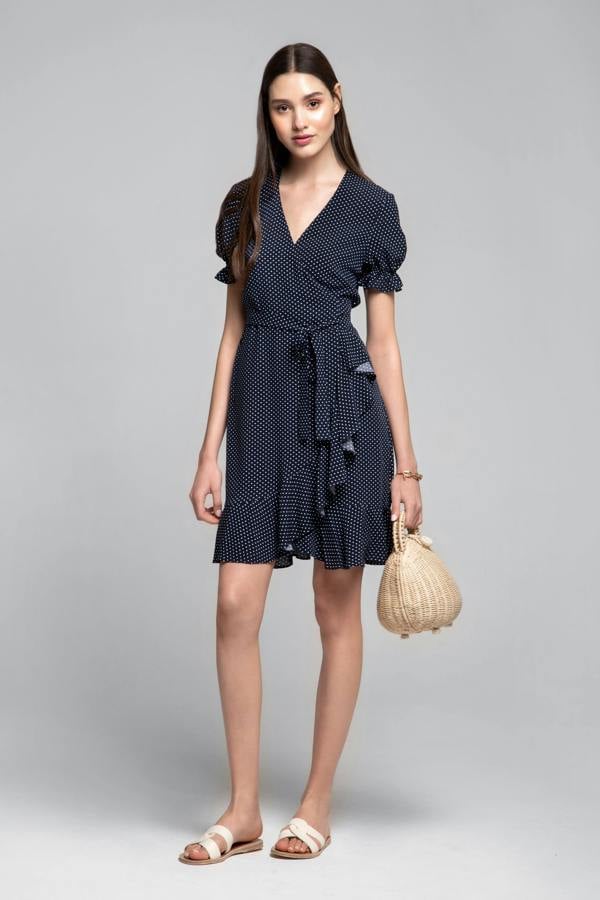Rumour London Myla ruffled wrap dress with short sleeves in polka dot print