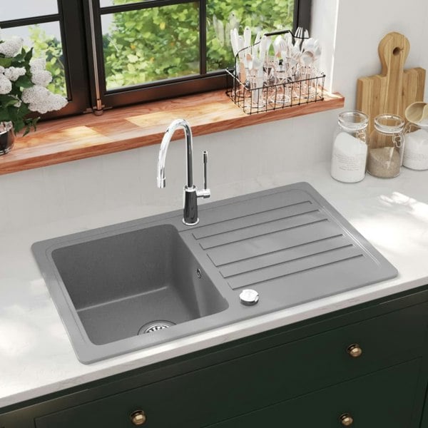 Berkfield Granite Kitchen Sink Single Basin with Drainer Reversible Grey