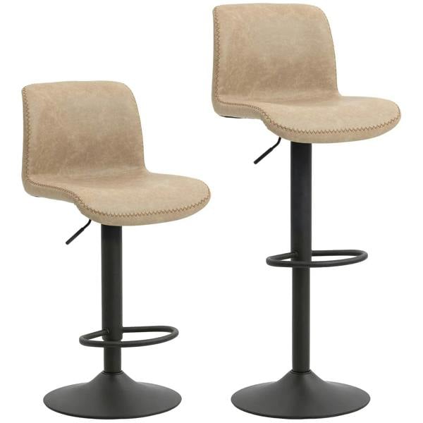 Set of 2 light brown PU bar stools with backrest and footrest, black round bases