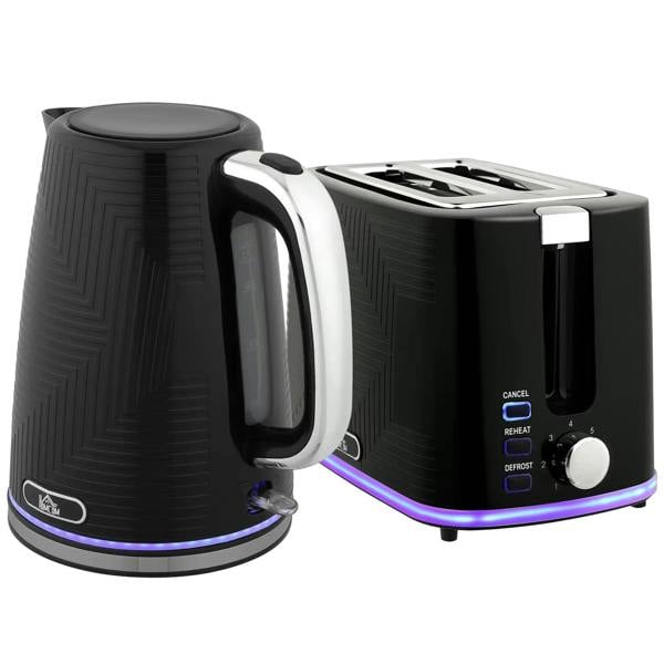 Black electric kettle and toaster set with purple LED control panel
