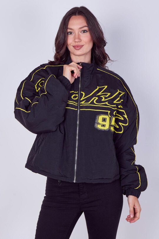 Elaina Fashion Oversized Slogan Zip-Up Racer Bomber Jacket - Black