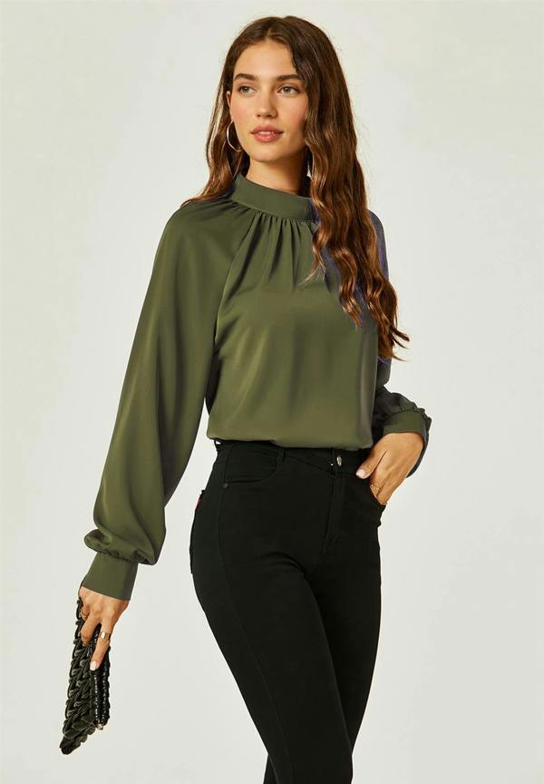 FS Collection Halter Neck Blouse Top In Khaki Green