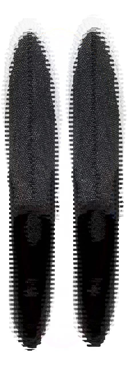 Rocket Dog Cheeryful Womens Slip On Casual Trainers Shoe, black and white slip-on sneaker with textured black fabric upper and white rubber sole.