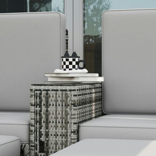 Wyld Haus Saelmo Grey Rattan Sun Lounger Set With Storage Tea Table And Footstools