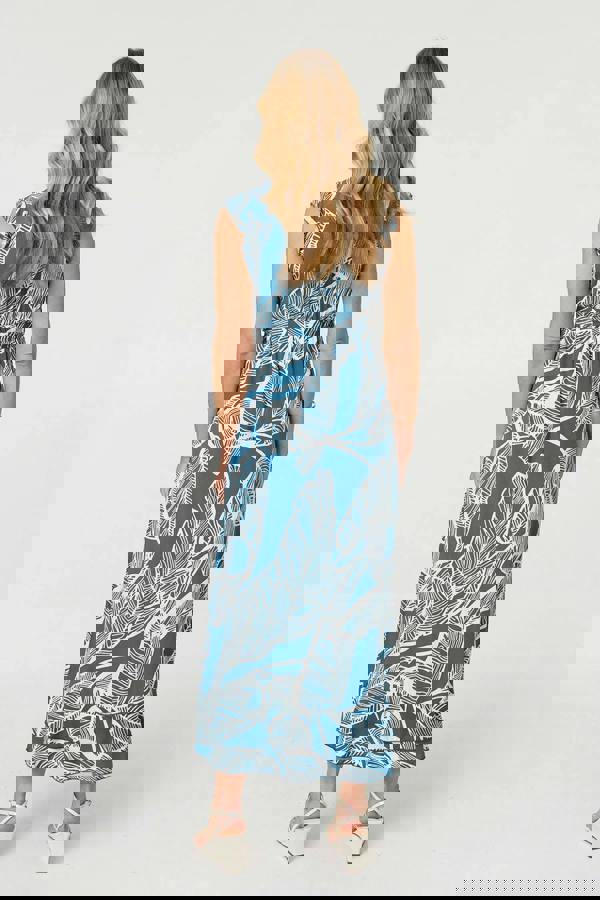 Blue | Leaf Print Sleeveless Maxi Dress
