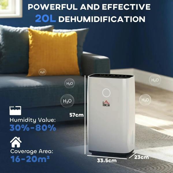 White portable dehumidifier with control display and top airflow grille