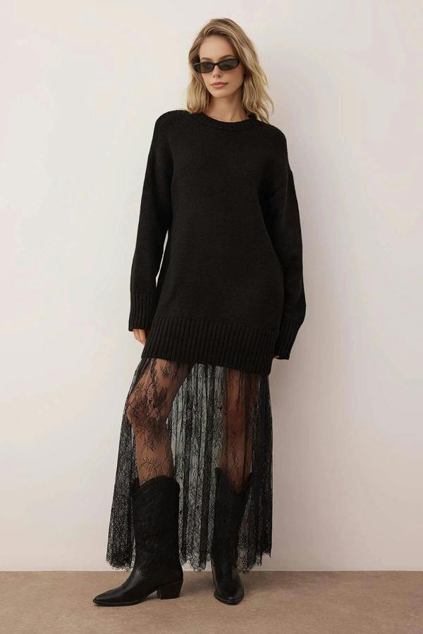 WOVCOR Crew Neck Lace Skirt Maxi Knit Dress