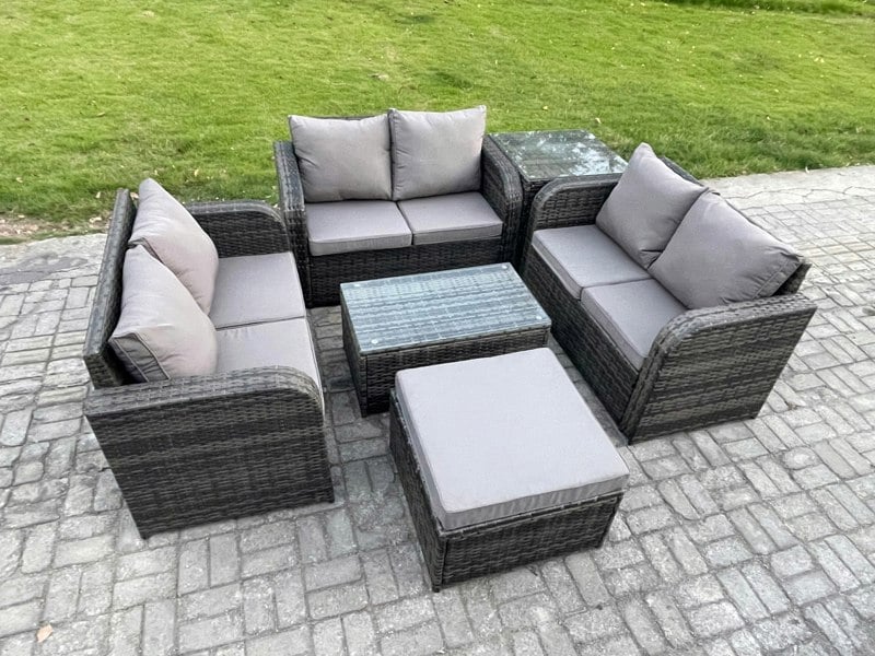 Fimous 7-Seater Outdoor Rattan Garden Furniture Set - Dark Grey Mixed Wicker Sofa with Rectangular Coffee Table & Big Footstool