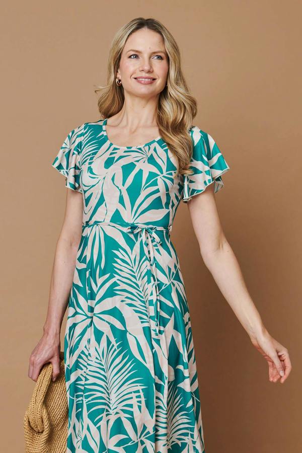 Green | Leaf Print Tie Angel Sleeve Midi Dress