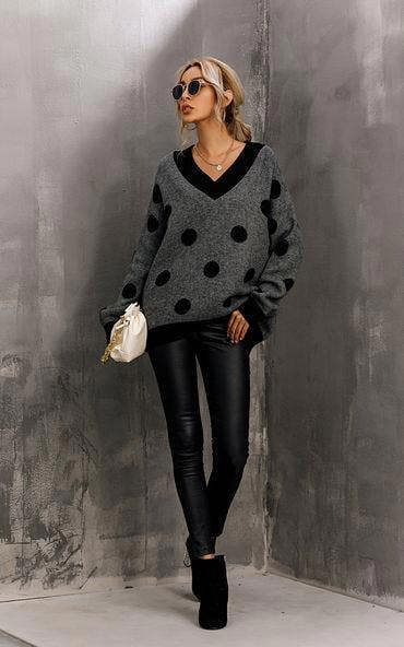 FS Collection V Neck Jumper In Charcoal Grey & Black Polka Dot Print