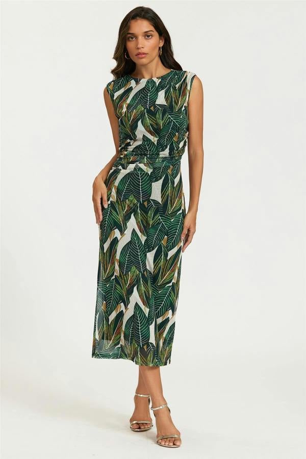 FS Collection Leaf Print Mesh Maxi Dress In Green