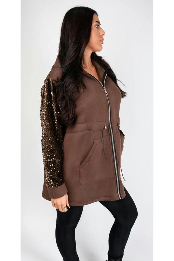 Evalora Zip Up Hoodie With Sequin Sleeve Detail - Brown