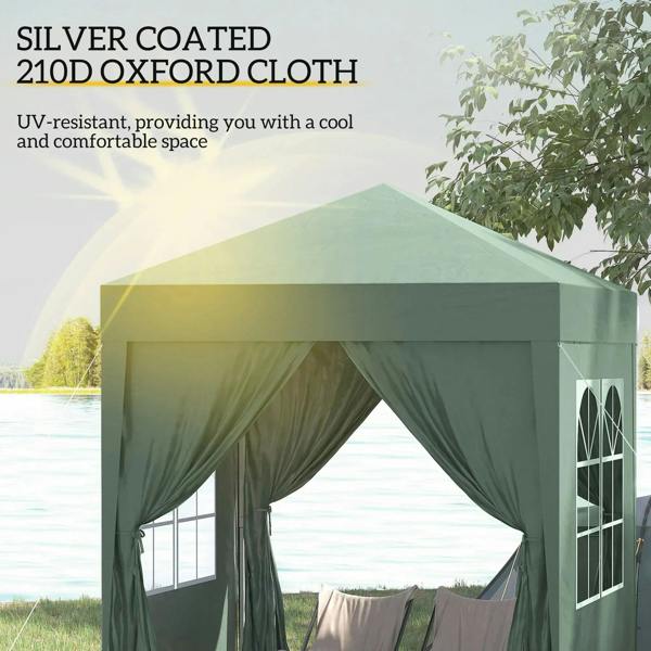 Green pop-up gazebo with open front and white window panels on side walls