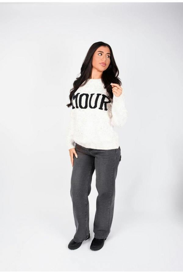 Zenya Fluffy Knit Oversized Jumper With Amour Slogan Detail - Orange