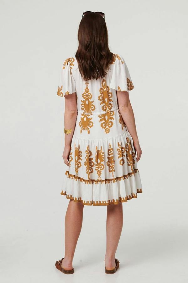 Beige | Printed Drawstring Knee Length Dress