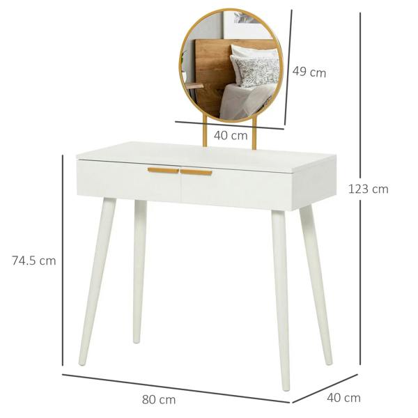 White dressing table with round mirror and gold handle, 80 x 40 cm tabletop view