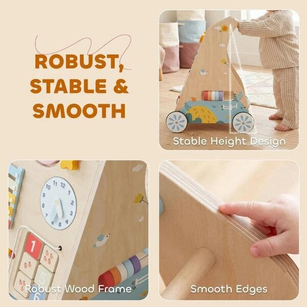 Wooden Baby Walker with Detachable Double-Sided Activity Board, Push Along Walker, Gift for Boys Girls 1-3 Years