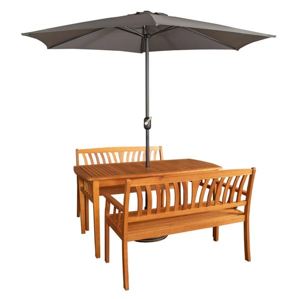 Samuel Alexander Outdoor 4 Person Rectangular Wooden Dining Table 2 Benches with Grey Havana Parasol & Base