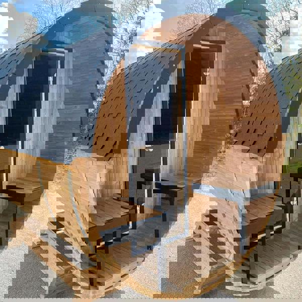 400cm Spruce Barrel Sauna | Thermowood | Terrace | Wood-Fired or Electric.