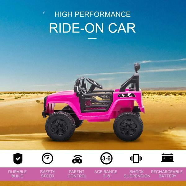 Pink ride-on off-road car toy with black roll bar, grille, and large textured wheels
