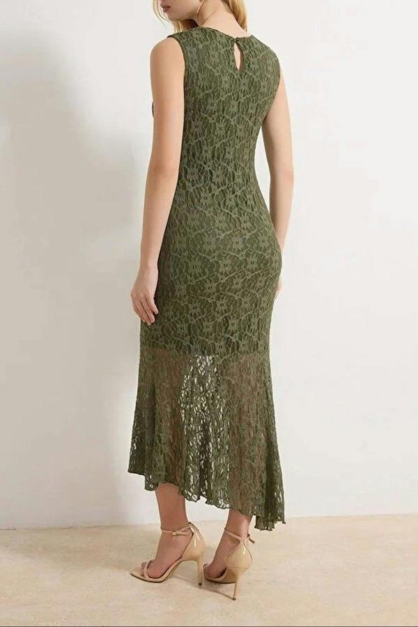 WOVCOR Plain A-line Crew Neck Sleeveless Maxi Dress with Lace Lining
