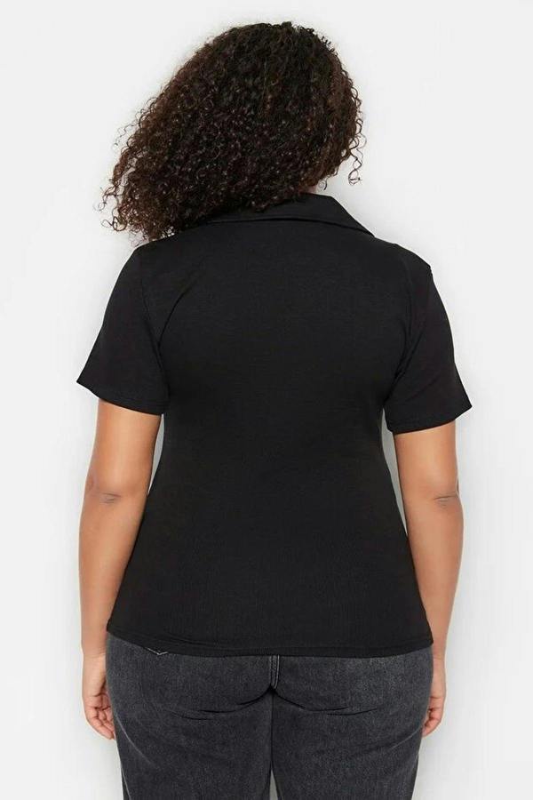 WOVCOR Polo Collar Body-Fitting Ribbed Knit Blouse