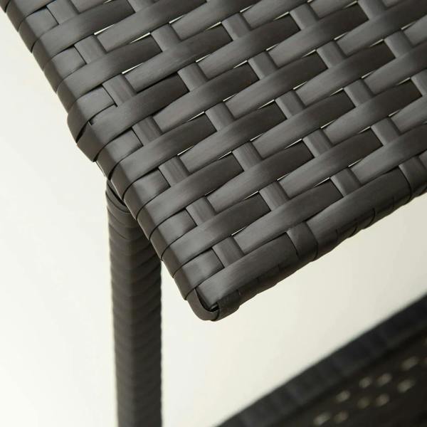Dark PE rattan weave corner and curved leg detail of a dog house