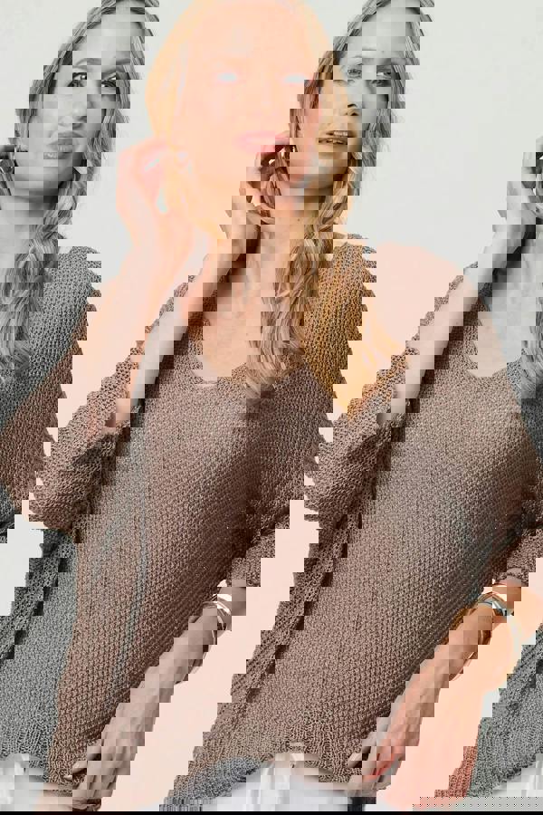 Brown | Sheer Mesh Texture 3/4 Sleeve Jumper