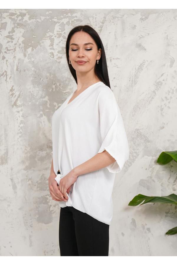 Hoxton Gal Oversized V Neck Tie Front Detailed Blouse with 3/4 Sleeves in White