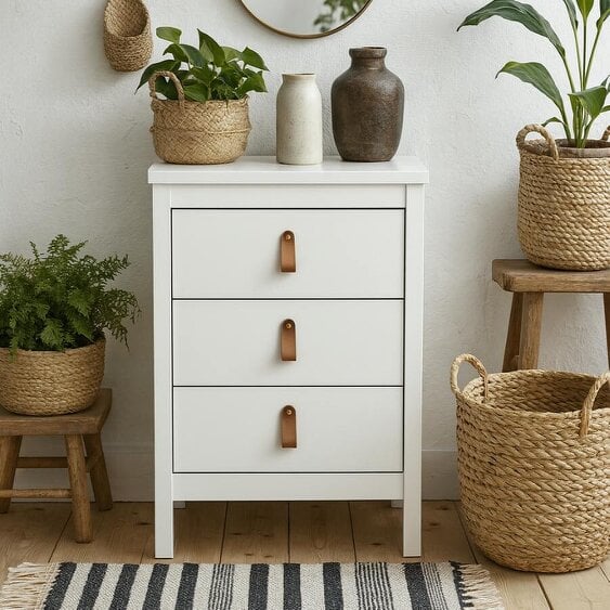 Wyld Haus Wildberry Matt White Bedside Table 3 Drawers Leather Handles