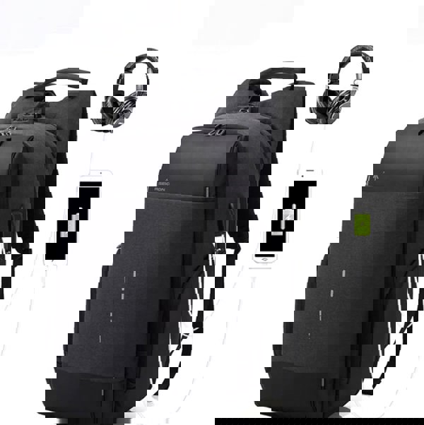 Black backpack with USB port, headphones, and smartphone on a white background