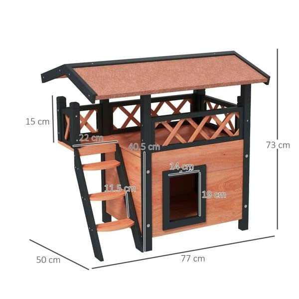 Outdoor cat house with balcony roof and front door, with labeled size diagram