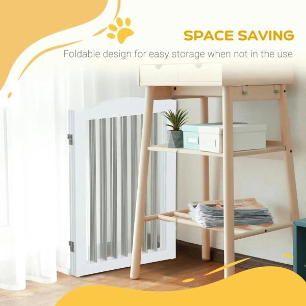 White folding dog gate in use, vertical bars with compact foldable design