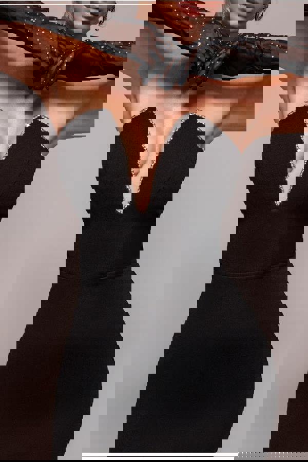 Strapless Super Plunge Diamante Neck Maxi Dress - Black DR4716