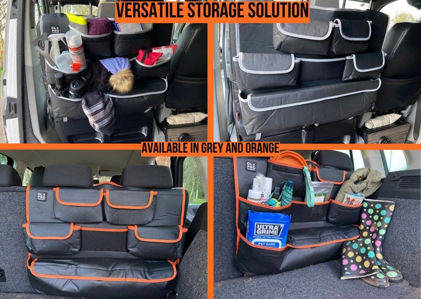 An info graphic depicting the different colours and versatility of the OLPRO Rear Double Seat Storage Organiser.